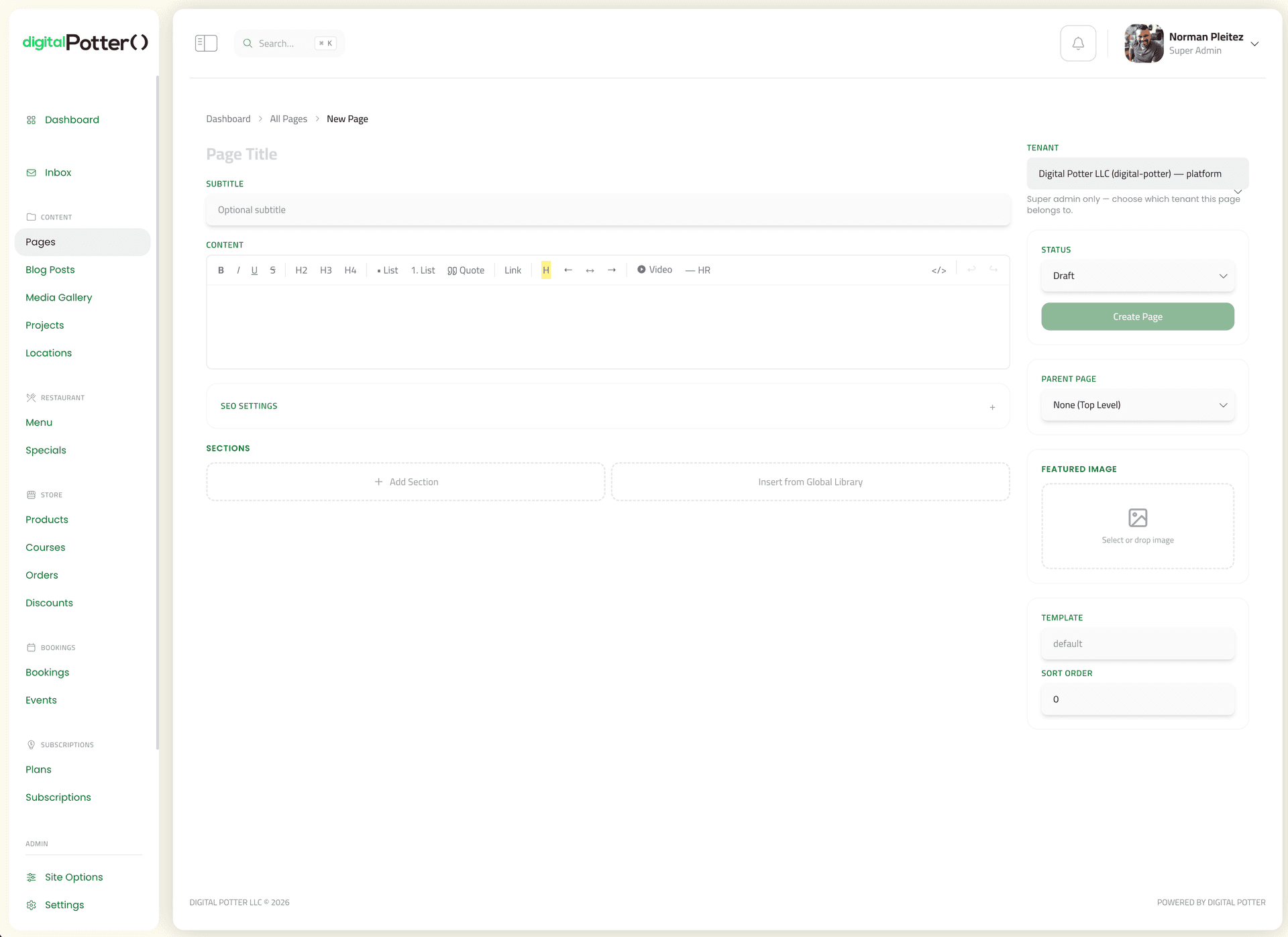theDavid page editor with rich text toolbar, SEO settings, and section builder