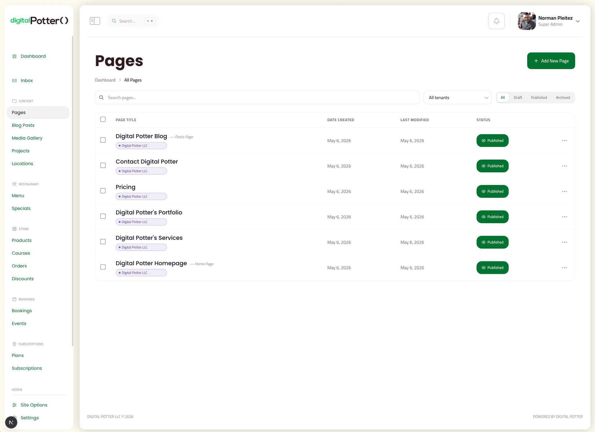 theDavid pages list with publish status, search, and filtering